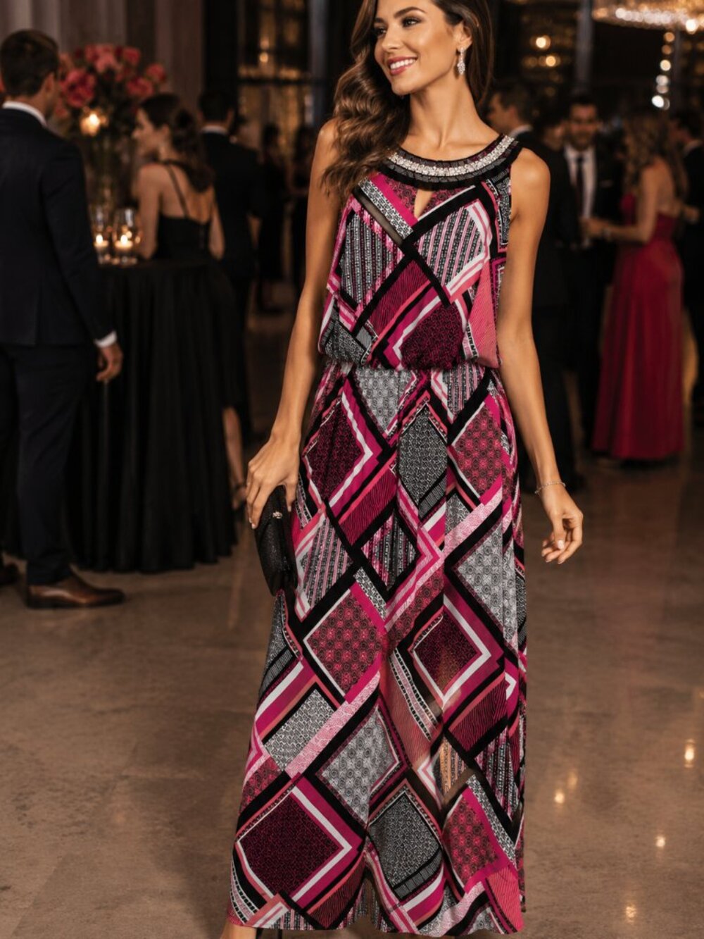 Women’s Y2K Aesthetic Liquid Knit Maxi Dress Size L – Embellished Geometric Glam